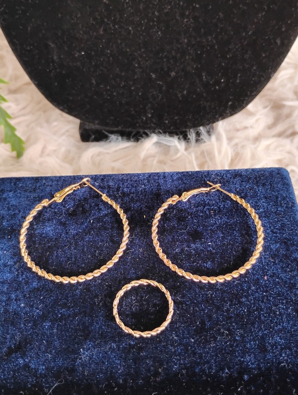 Gold-Tone Twisted Hoop Earrings and Ring Set - Women Jewelry
